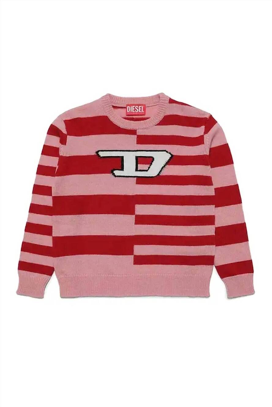 NEW DIESEL kids knit striped logo sweater in red
